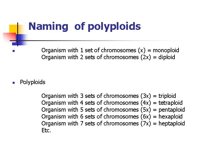 Naming of polyploids n n Organism with 1 set of chromosomes (x) = monoploid Naming of polyploids n n Organism with 1 set of chromosomes (x) = monoploid