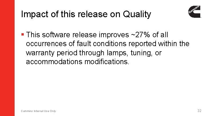 Impact of this release on Quality § This software release improves ~27% of all Impact of this release on Quality § This software release improves ~27% of all
