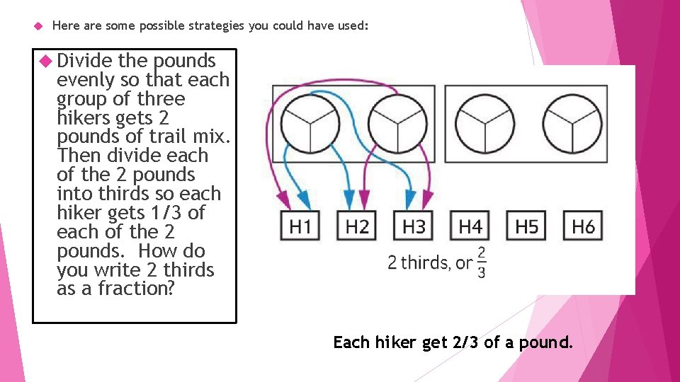  Here are some possible strategies you could have used: Divide the pounds evenly