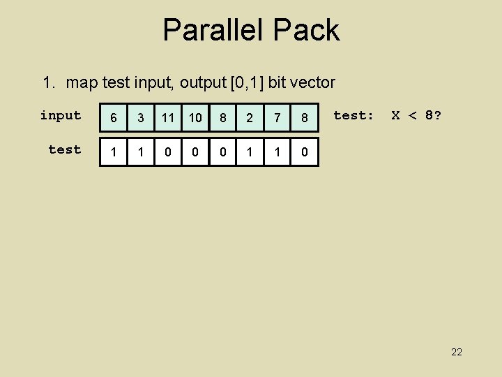 Parallel Pack 1. map test input, output [0, 1] bit vector input 6 3