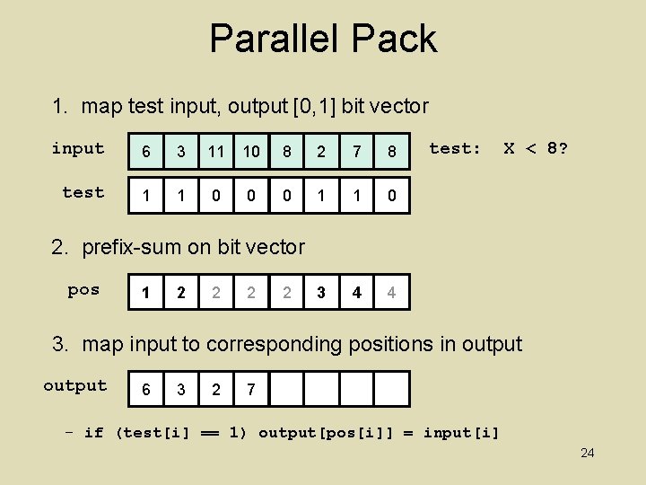 Parallel Pack 1. map test input, output [0, 1] bit vector input 6 3