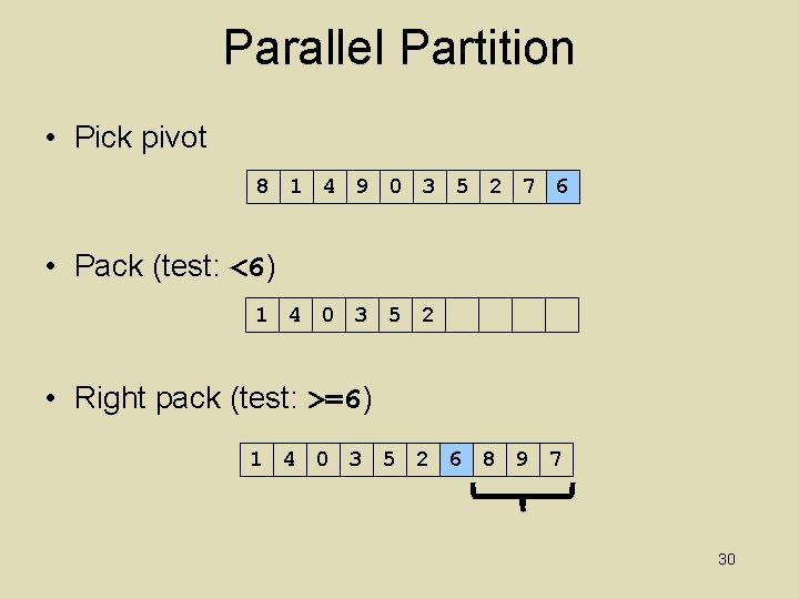 Parallel Partition • Pick pivot 8 1 4 9 0 3 5 2 7