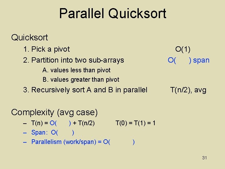 Parallel Quicksort 1. Pick a pivot 2. Partition into two sub-arrays O(1) O( )