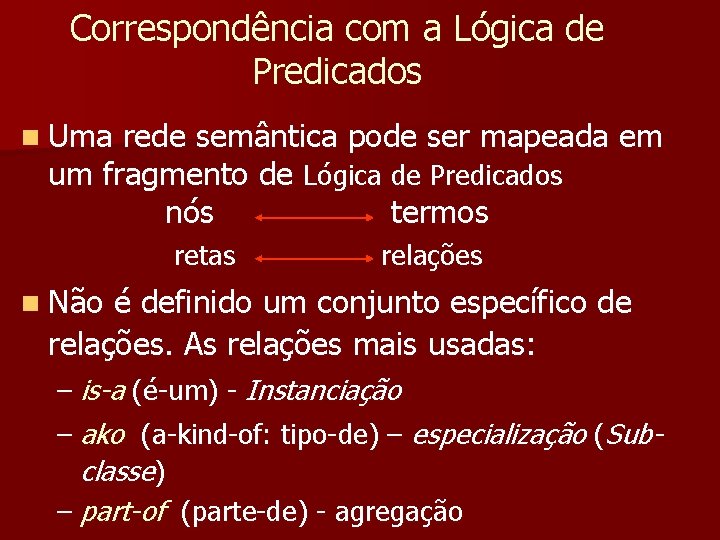 Correspondência com a Lógica de Predicados n Uma rede semântica pode ser mapeada em