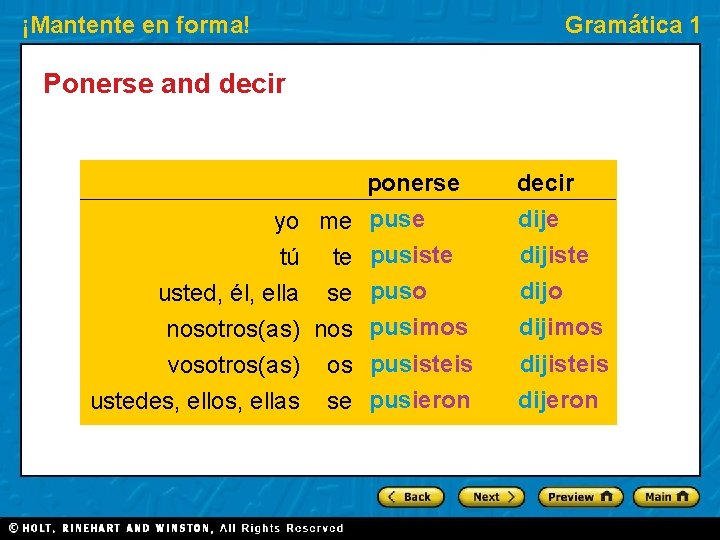 ¡Mantente en forma! Gramática 1 Ponerse and decir ponerse pusiste puso pusimos decir dije