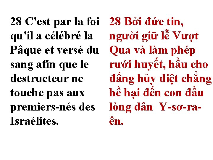 28 C'est par la foi qu'il a célébré la Pâque et versé du sang