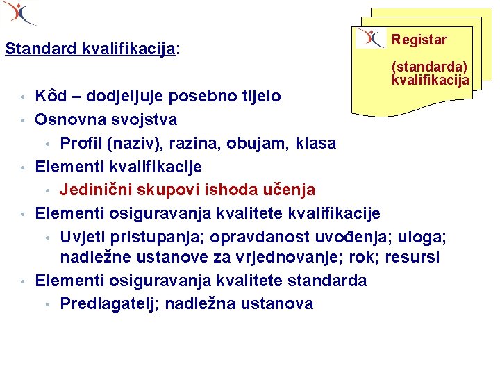 Standard kvalifikacija: Registar (standarda) kvalifikacija • • • Kôd – dodjeljuje posebno tijelo Osnovna