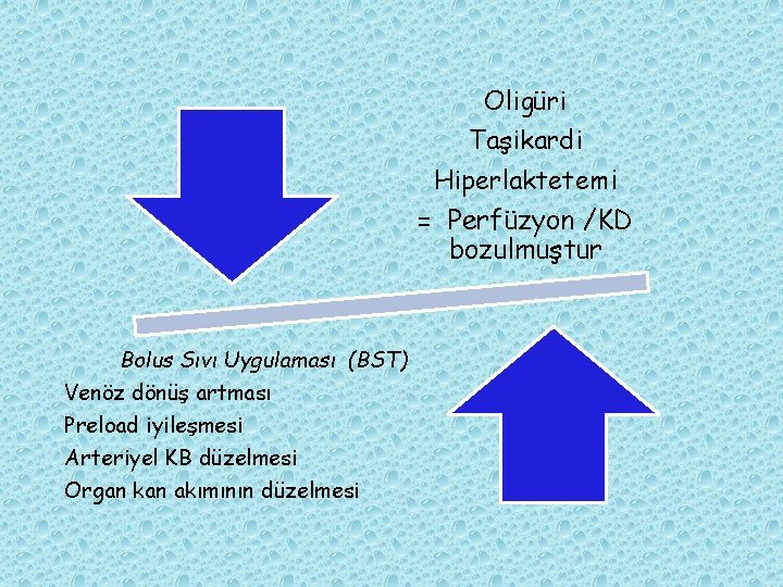 Oligüri Taşikardi Hiperlaktetemi = Perfüzyon /KD bozulmuştur Bolus Sıvı Uygulaması (BST) Venöz dönüş artması