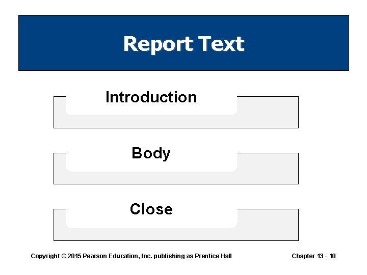 Report Text Introduction Body Close Copyright © 2015 Pearson Education, Inc. publishing as Prentice