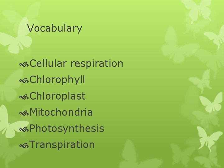Vocabulary Cellular respiration Chlorophyll Chloroplast Mitochondria Photosynthesis Transpiration 