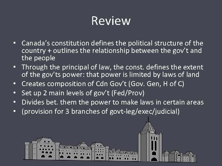 Review • Canada’s constitution defines the political structure of the country + outlines the