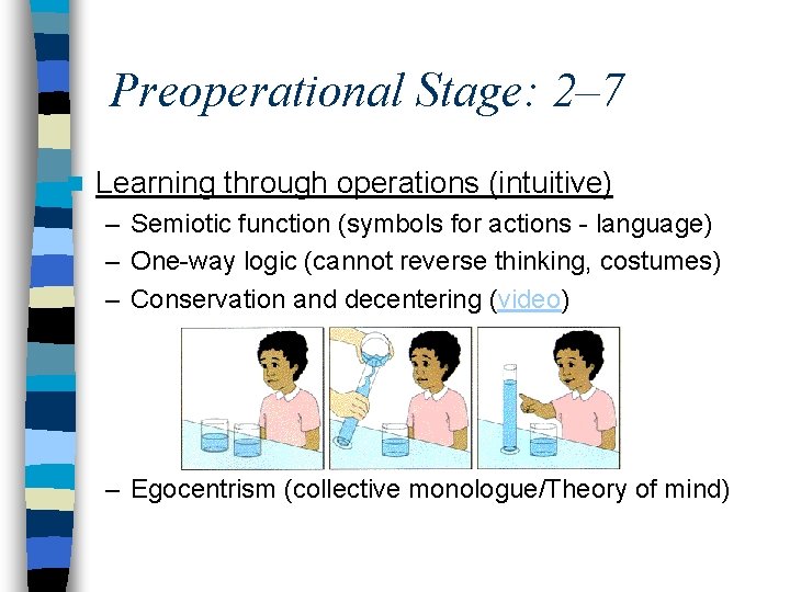 Preoperational Stage: 2– 7 n Learning through operations (intuitive) – Semiotic function (symbols for