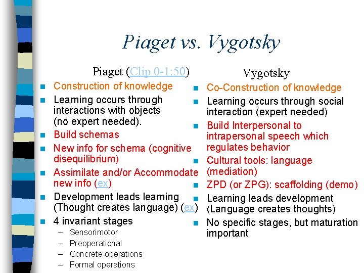 Piaget vs. Vygotsky Piaget (Clip 0 -1: 50) n n n n Construction of