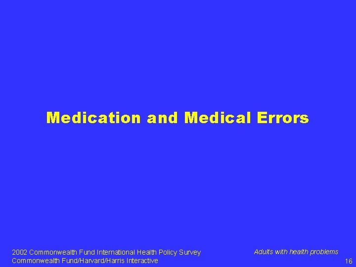 Medication and Medical Errors 2002 Commonwealth Fund International Health Policy Survey Commonwealth Fund/Harvard/Harris Interactive