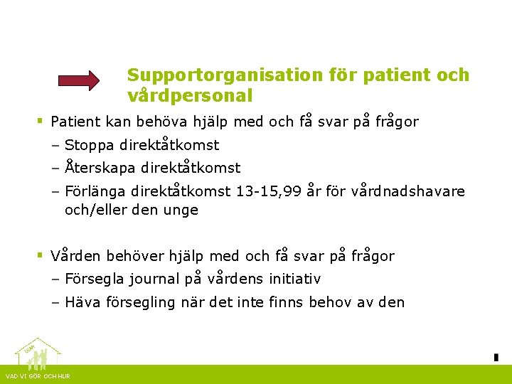 Supportorganisation för patient och vårdpersonal § Patient kan behöva hjälp med och få svar