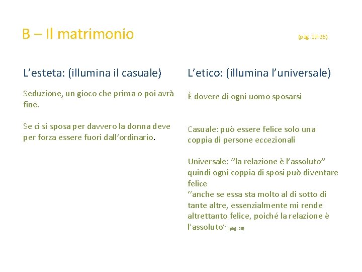 B – Il matrimonio (pag. 19 26) L’esteta: (illumina il casuale) L’etico: (illumina l’universale)