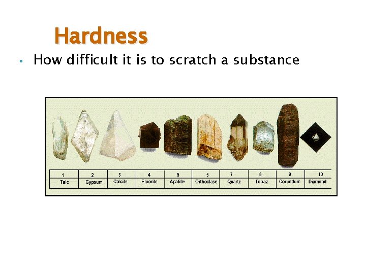 Hardness • How difficult it is to scratch a substance Hardness • How difficult it is to scratch a substance