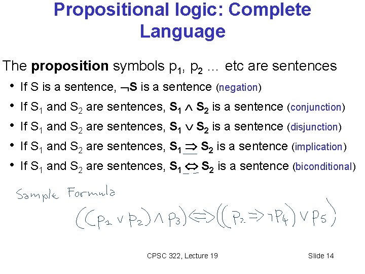 Propositional logic: Complete Language The proposition symbols p 1, p 2 … etc are