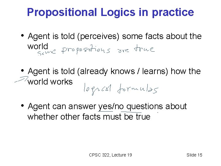 Propositional Logics in practice • Agent is told (perceives) some facts about the world