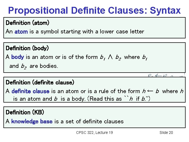 Propositional Definite Clauses: Syntax Definition (atom) An atom is a symbol starting with a