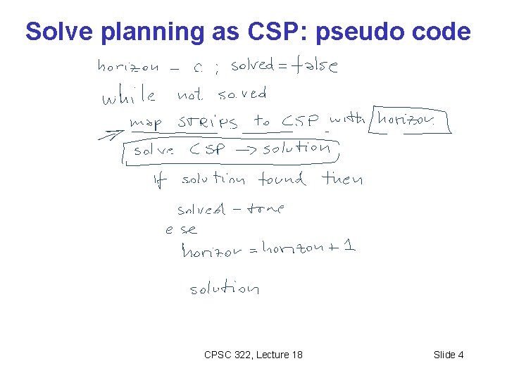 Solve planning as CSP: pseudo code CPSC 322, Lecture 18 Slide 4 