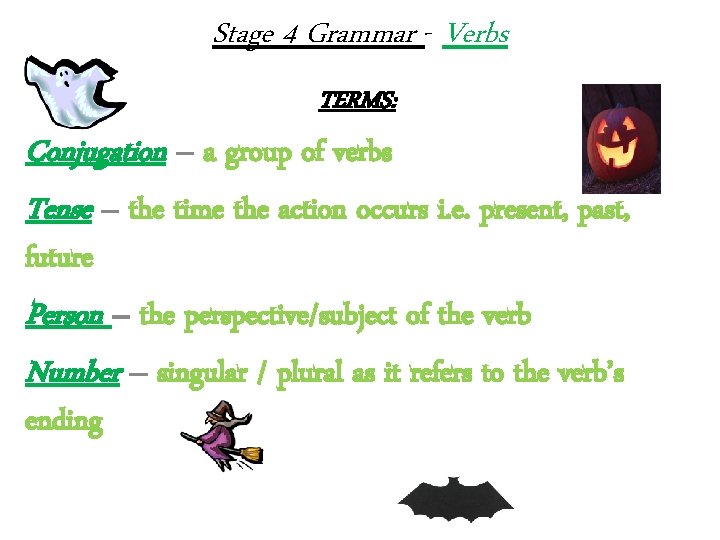 Stage 4 Grammar - Verbs TERMS: Conjugation – a group of verbs Tense –