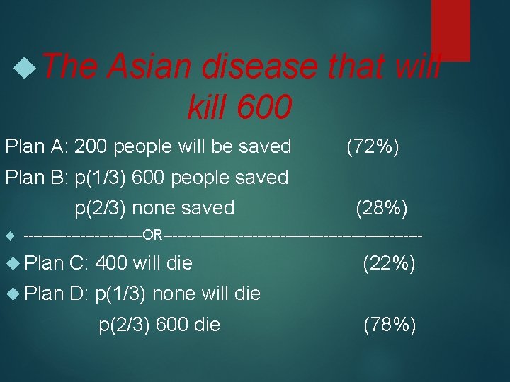  The Asian disease that will kill 600 Plan A: 200 people will be