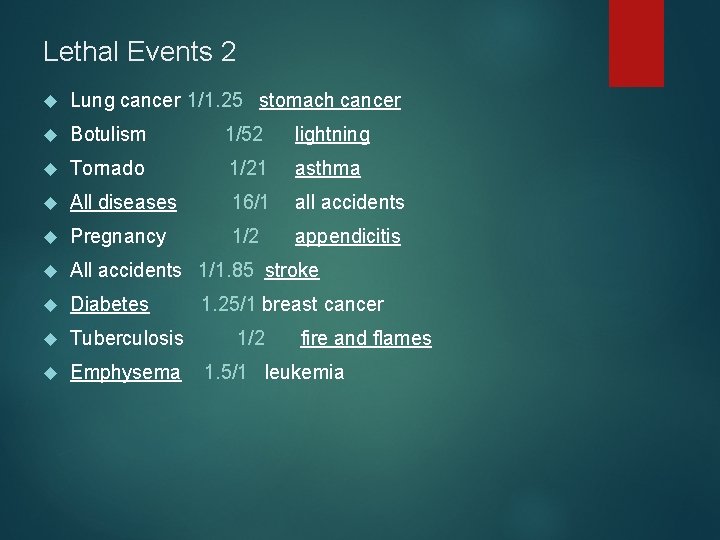 Lethal Events 2 Lung cancer 1/1. 25 stomach cancer Botulism 1/52 lightning Tornado 1/21