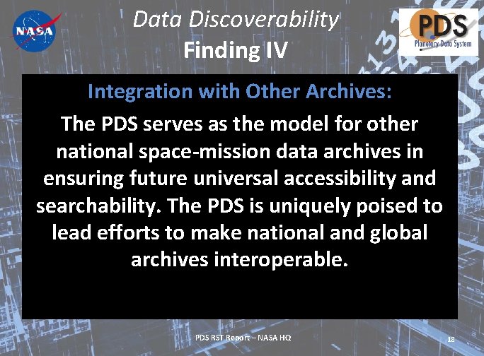 Data Discoverability Finding IV Integration with Other Archives: The PDS serves as the model