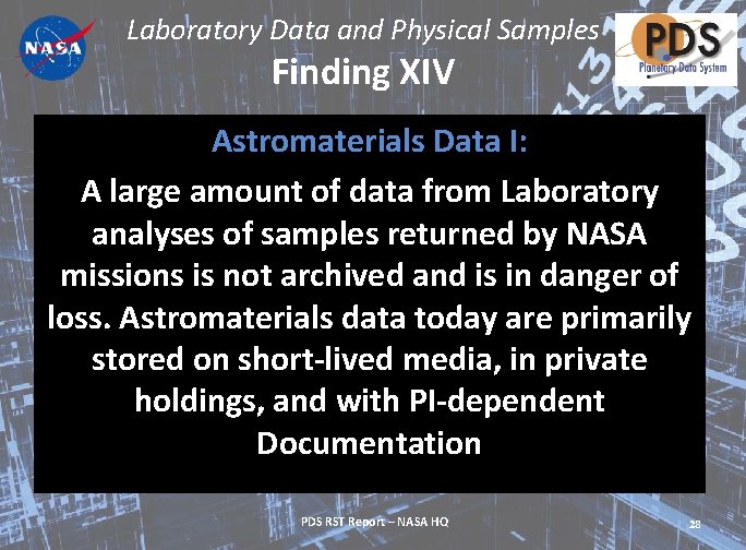 Laboratory Data and Physical Samples Finding XIV Astromaterials Data I: A large amount of