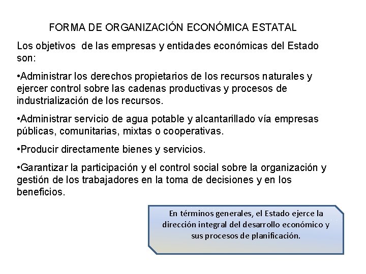 FORMA DE ORGANIZACIÓN ECONÓMICA ESTATAL Los objetivos de las empresas y entidades económicas del