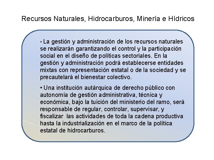 Recursos Naturales, Hidrocarburos, Minería e Hídricos • La gestión y administración de los recursos