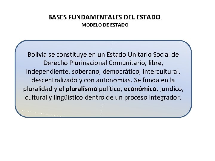 BASES FUNDAMENTALES DEL ESTADO. MODELO DE ESTADO Bolivia se constituye en un Estado Unitario