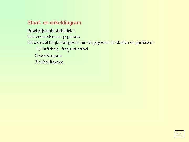Staaf- en cirkeldiagram Beschrijvende statistiek : het verzamelen van gegevens het overzichtelijk weergeven van