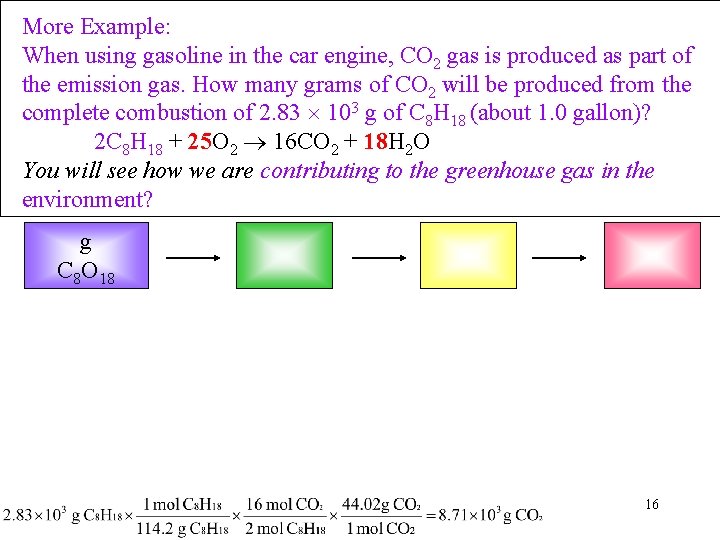 More Example: When using gasoline in the car engine, CO 2 gas is produced