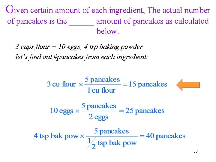Given certain amount of each ingredient, The actual number of pancakes is the ______