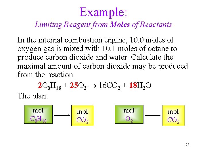 Example: Limiting Reagent from Moles of Reactants In the internal combustion engine, 10. 0