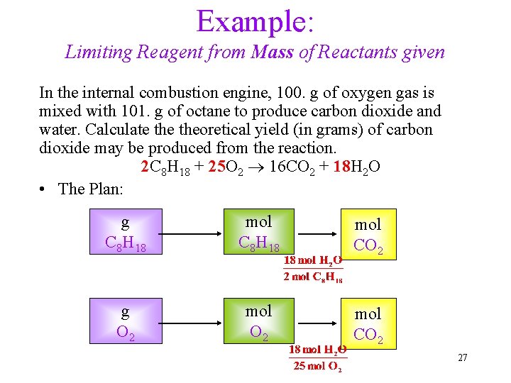 Example: Limiting Reagent from Mass of Reactants given In the internal combustion engine, 100.