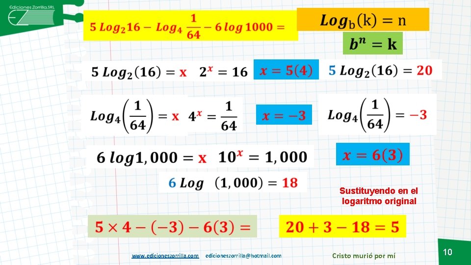 Sustituyendo en el logaritmo original www. edicioneszorrilla. com edicioneszorrilla@hotmail. com Cristo murió por mí