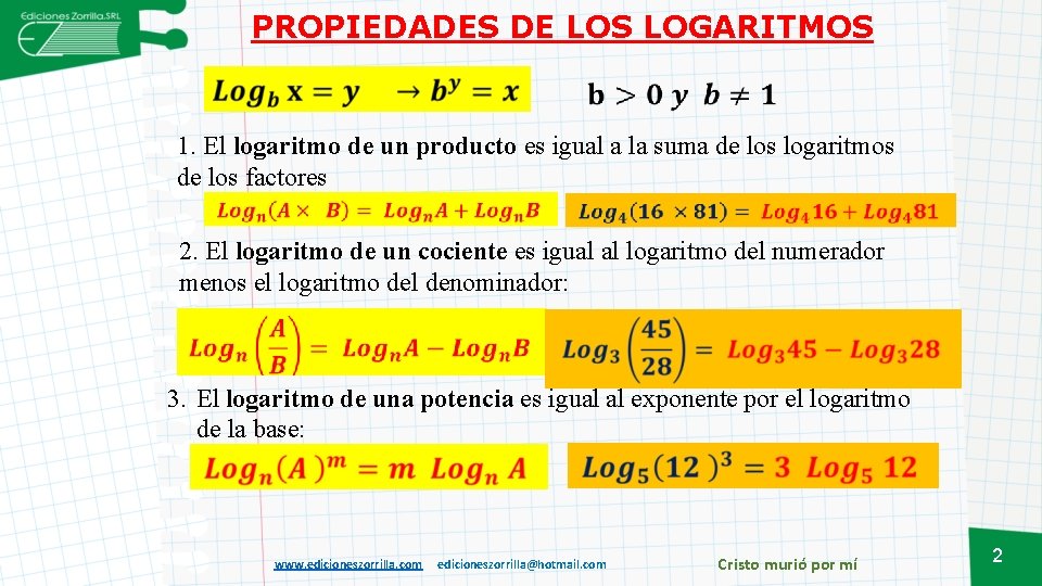 PROPIEDADES DE LOS LOGARITMOS 1. El logaritmo de un producto es igual a la