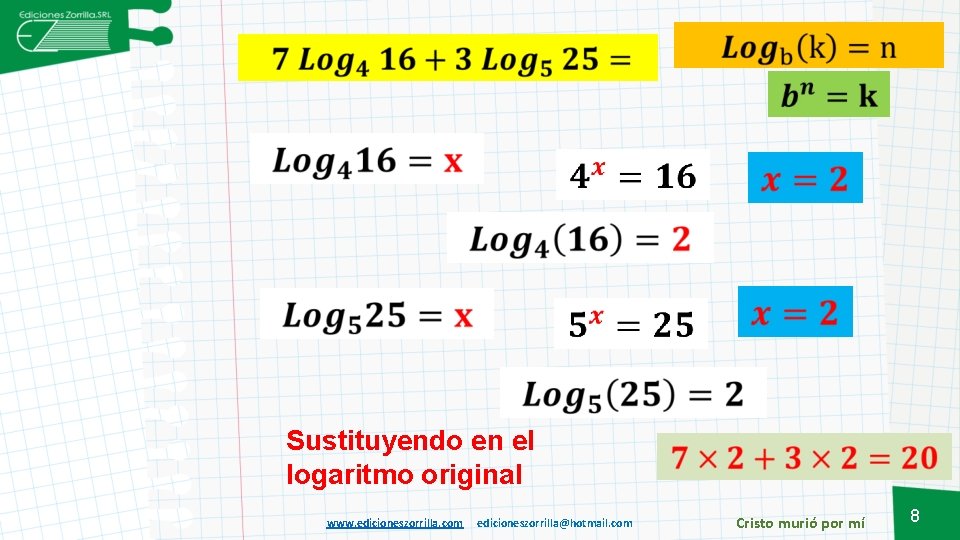 Sustituyendo en el logaritmo original www. edicioneszorrilla. com edicioneszorrilla@hotmail. com Cristo murió por mí