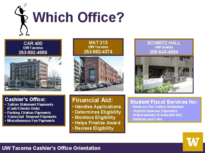 Which Office? CAR 400 UW Tacoma 253 -692 -4669 Cashier’s Office: • Tuition Statement Which Office? CAR 400 UW Tacoma 253 -692 -4669 Cashier’s Office: • Tuition Statement