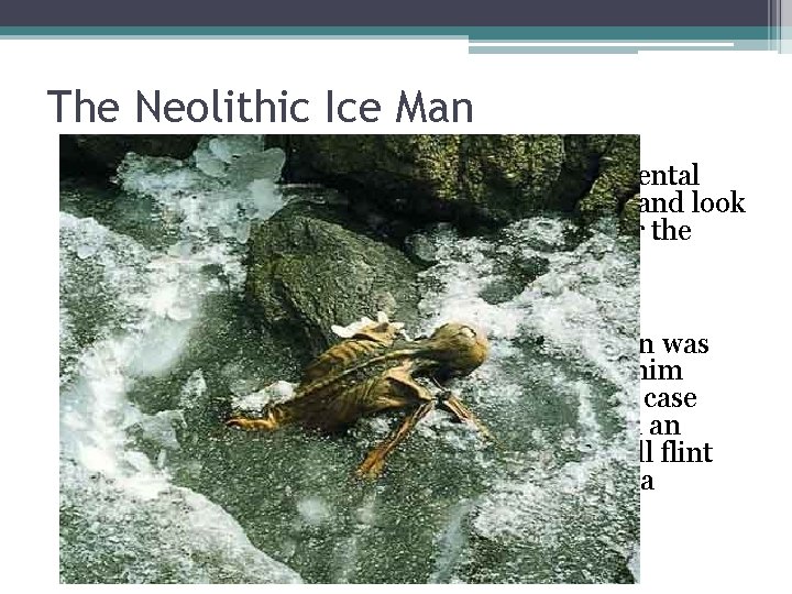 The Neolithic Ice Man • In 1991, two German hikers made an accidental discovery
