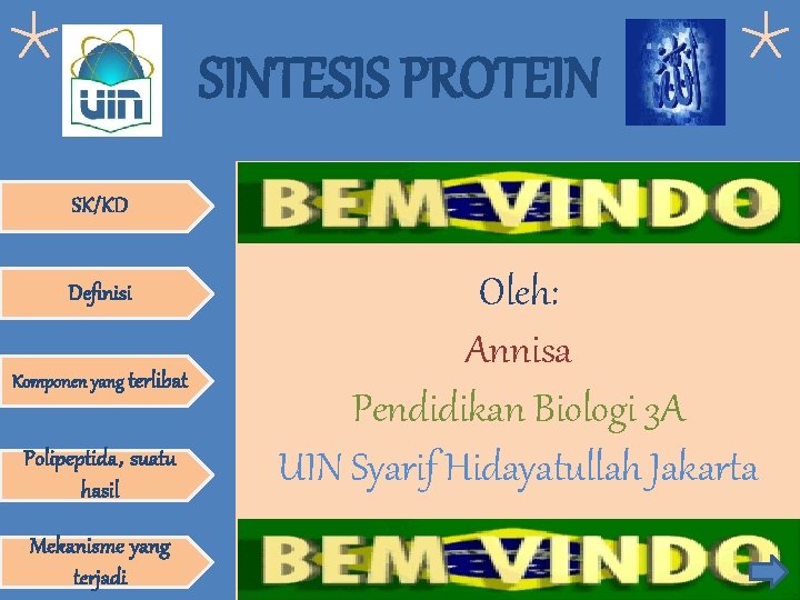 SINTESIS PROTEIN SK/KD Definisi Komponen yang terlibat Polipeptida, suatu hasil Mekanisme yang terjadi Oleh: