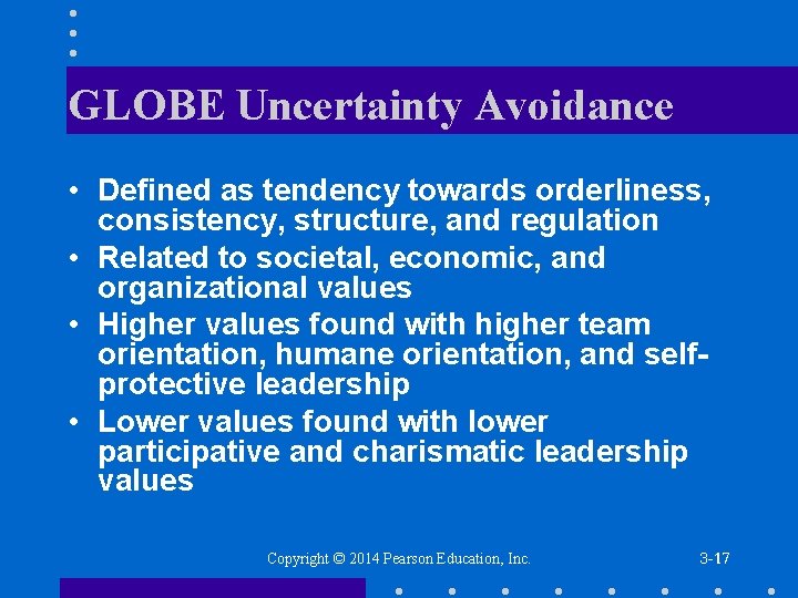 GLOBE Uncertainty Avoidance • Defined as tendency towards orderliness, consistency, structure, and regulation •