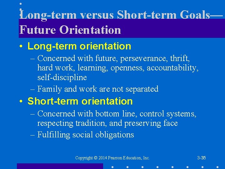 Long-term versus Short-term Goals— Future Orientation • Long-term orientation – Concerned with future, perseverance,
