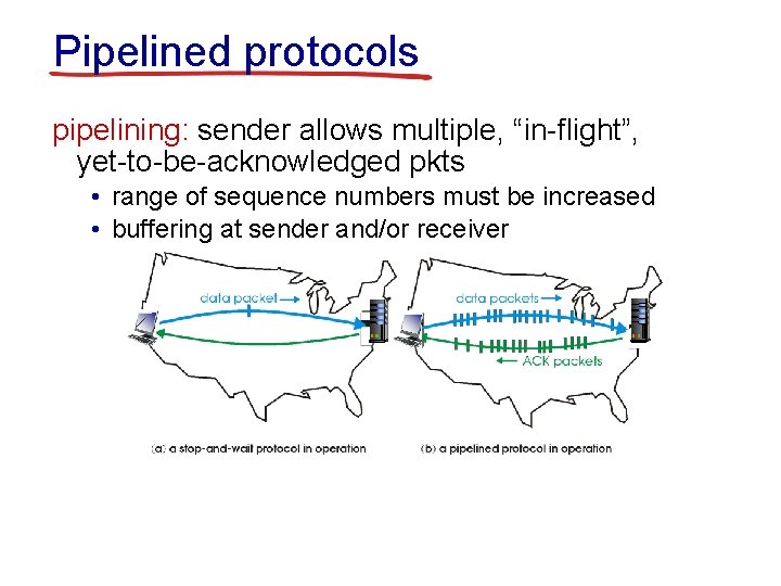 Pipelined protocols pipelining: sender allows multiple, “in-flight”, yet-to-be-acknowledged pkts • range of sequence numbers