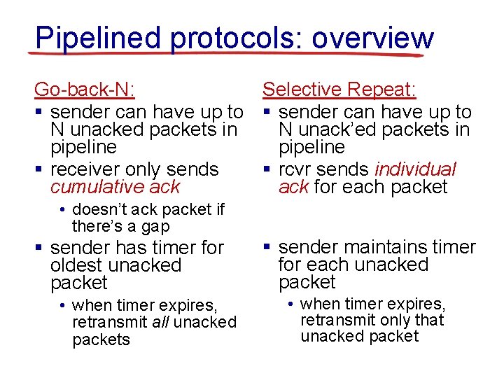 Pipelined protocols: overview Go-back-N: Selective Repeat: § sender can have up to N unacked