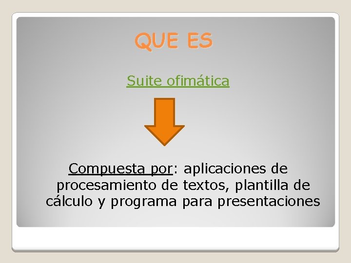 QUE ES Suite ofimática Compuesta por: aplicaciones de procesamiento de textos, plantilla de cálculo