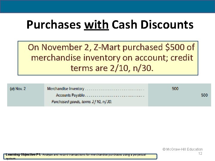 Purchases with Cash Discounts On November 2, Z-Mart purchased $500 of merchandise inventory on Purchases with Cash Discounts On November 2, Z-Mart purchased $500 of merchandise inventory on